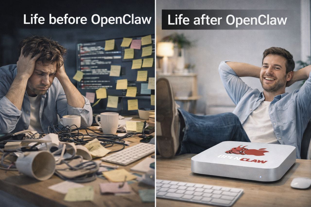 Life before vs after OpenClaw — messy desk vs clean